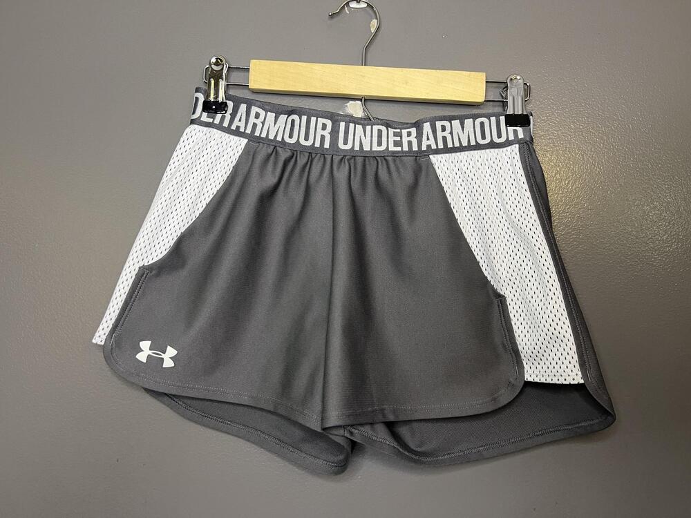 Under Armour Running Shorts Womens XS Gray White HeatGear Mesh Elastic Waist Gym